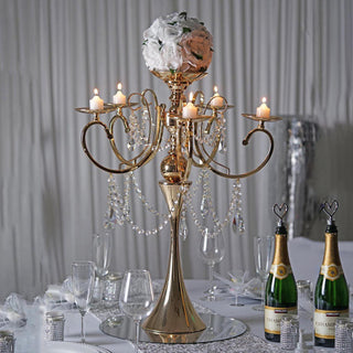 Add Glamour to Your Table with the 27" Gold Metal 5 Arm Candelabra Votive Candle Holder