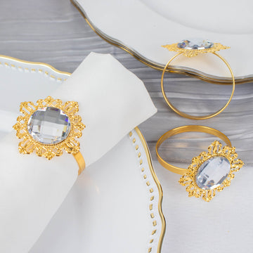 6 Pack | 2" Gold Metal Clear Crystal Rhinestone Napkin Rings, Diamond Bling Napkin Holders