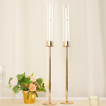 2 Pack 24" Gold Metal Clear Glass Hurricane Candle Stands, Taper Candlestick Holders With Glass Chimney Candle Shades