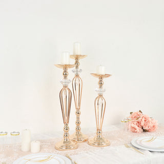 Elevate Your Event with the Gold Metal Crystal Ball Pillar Candle Holders Set