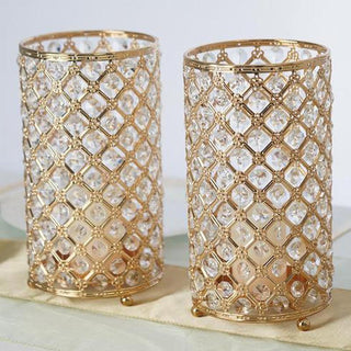 Add Glamour to Your Event Decor with the 2 Pack | 9” Gold Metal Crystal Beaded Pillar Votive Candle Holder Set