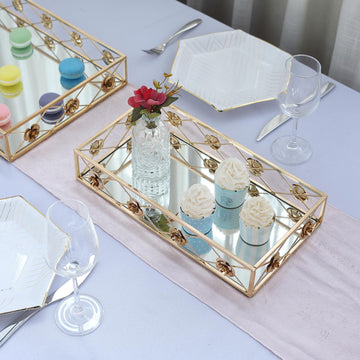 Set of 2 | Gold Metal Decorative Vanity Serving Trays, Rose Bordered Rectangle Mirrored Trays - 19"x12" | 15"x8"