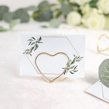 10 Pack | Gold Metal 1" Double Heart Card Holder Stands, Table Number Stands, Wedding Table Place Card Menu Clips