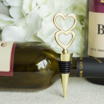 5" Gold Metal Double Heart Wine Bottle Stopper Wedding Party Favors With Velvet Gift Box