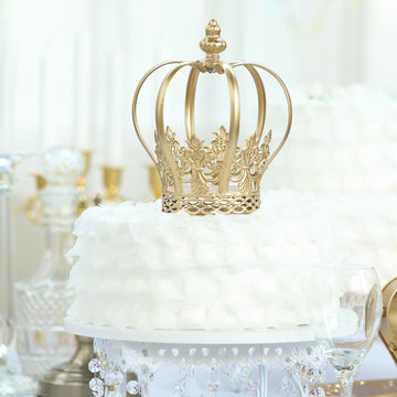 8" Gold Metal Fleur-De-Lis Sides Royal Crown Cake Topper, Centerpiece