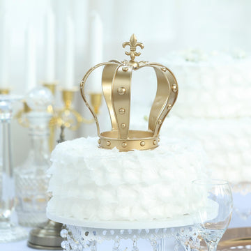 8" Gold Metal Fleur-De-Lis Top Royal Crown Cake Topper, Centerpiece