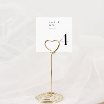 10 Pack Gold Metal 3.5" Heart Card Holder Stands, Table Number Stands, Wedding Table Place Card Menu Clips