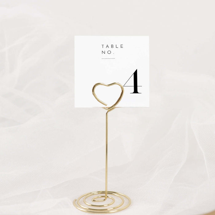 10 Pack | Gold Metal 3.5" Heart Card Holder Stands, Table Number Stands, Wedding Table Place Card Menu Clips