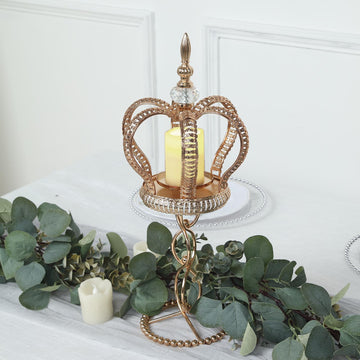 18" Gold Metal Jeweled Crown Votive Candle Holder Stand, Spiral Pillar Candle Centerpiece