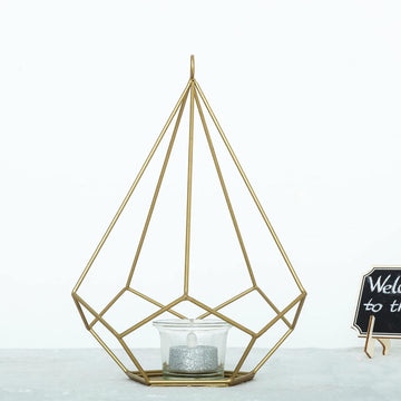 2 Pack 9" Gold Metal Pentagon Tealight Candle Holders, Open Frame Geometric Flower Stand