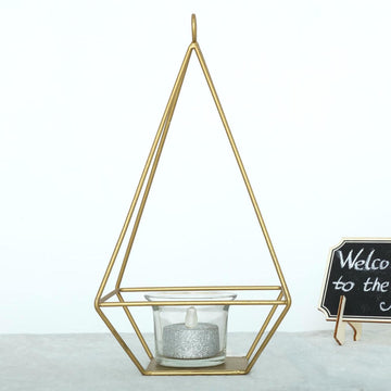 2 Pack | 9" Gold Metal Pyramid Shaped Tealight Candle Holders, Open Frame Geometric Flower Stand