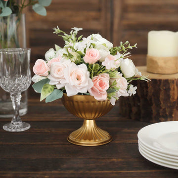 2 Pack | 4" Gold Metal Ribbed Bowl Style Flower Table Pedestal Vase, Antique Mini Compote Vase