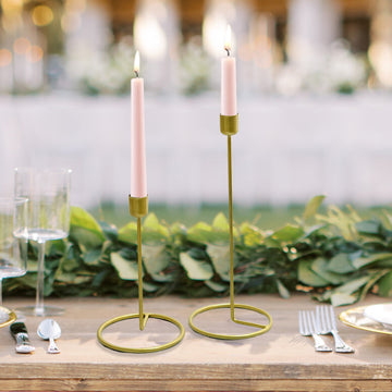 Set of 2 | Gold Metal Ring Base Geometric Taper Candle Holder Stands, Table Centerpieces - 7"/ 11"