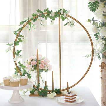 24" Gold Metal Round Floral Table Wedding Arch Hoop Stand With Pillars, Self Standing Balloon Frame Centerpiece