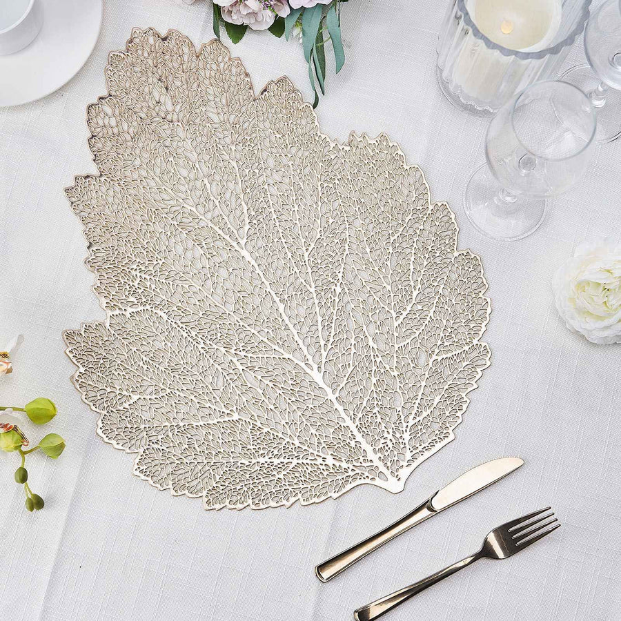 6 Pack | 18inch Gold Metallic Fall Leaf Vinyl Placemats, Non-Slip Dining Table Mats