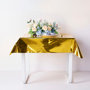 50"x50" Gold Metallic Foil Square Tablecloth, Disposable Table Cover