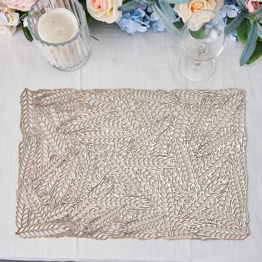 6 Pack | 12x18inch Gold Metallic Non-Slip Placemats, Wheat Design Rectangle Vinyl Table Mats