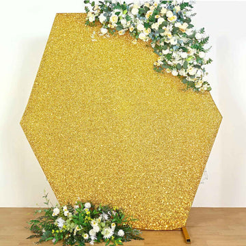 8ftx7ft Gold Metallic Shimmer Tinsel Spandex Hexagon Wedding Arbor Cover, 2-Sided Backdrop