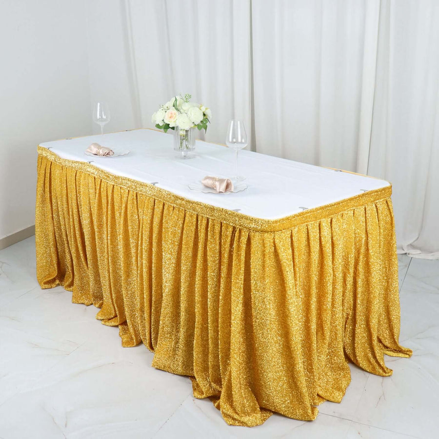 17ft Gold Metallic Shimmer Tinsel Spandex Pleated Table Skirt with Top Velcro Strip