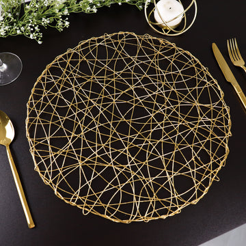 6 Pack 15" Gold Metallic String Woven Placemats, Round Table Mats