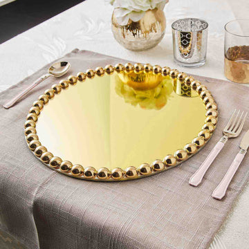 2 Pack | 13" Gold  Mirror Glass Charger Plates with Pearl Beaded Rim
