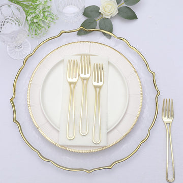 24 Pack 7" Gold Modern Hollow Handle Design Plastic Forks, Disposable Silverware