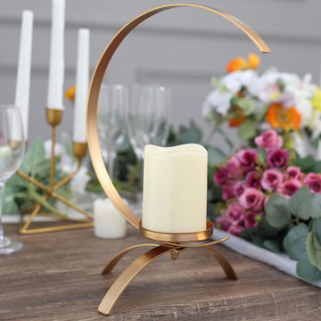 13" Gold Moon Shaped Metal Pillar Candle Holder Stand, Tealight Hurricane Table Centerpiece