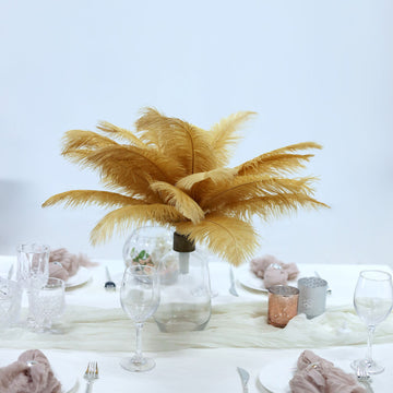 12 Pack | 13"-15" Gold Natural Plume Real Ostrich Feathers, DIY Centerpiece Fillers