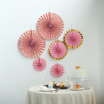 Set of 6 | Gold / Pink Hanging Paper Fan Decorations, Pinwheel Wall Backdrop Party Kit - 8", 12", 16"