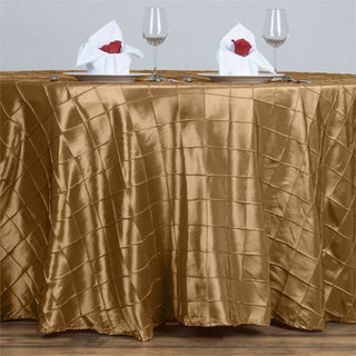 Add Elegance to Your Event with the 120" Gold Pintuck Round Seamless Tablecloth