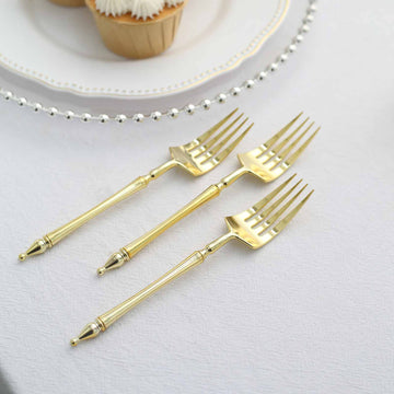 24 Pack 6" Gold Plastic Dessert Forks With Roman Column Handle, European Style Disposable Utensils