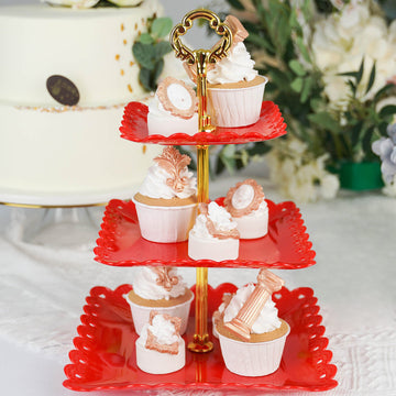 13" 3-Tier Gold/Red Wavy Square Edge Cupcake Stand, Dessert Holder, Plastic With Top Handle