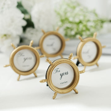4 Pack | Gold Resin 3.5" Ship Wheel Round Picture Frame Party Favors, Nautical Wedding Favors