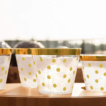12 Pack Gold Rim Polka Dot 9oz Plastic Cups, Disposable Tumblers