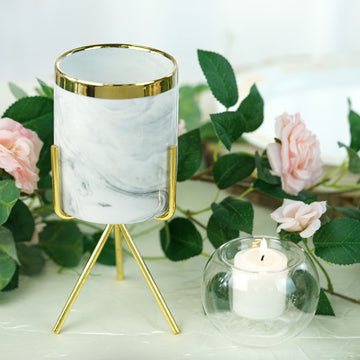 8" Gold Rimmed Marble Ceramic Vase Planter Pot With Gold Metal Stand