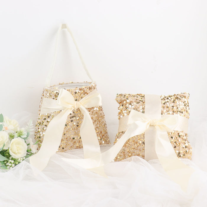 1 Set | Gold Sequin Flower Girl Petal Basket & Ring Bearer Pillow Wedding Set
