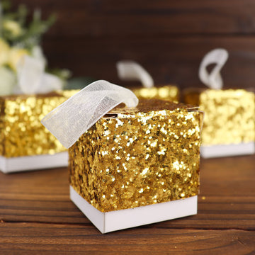 25 Pack 2" Gold Sequin Glitter Party Favor Boxes With White Ribbon Loop, Wedding Favor Gift Boxes, Candy Cases