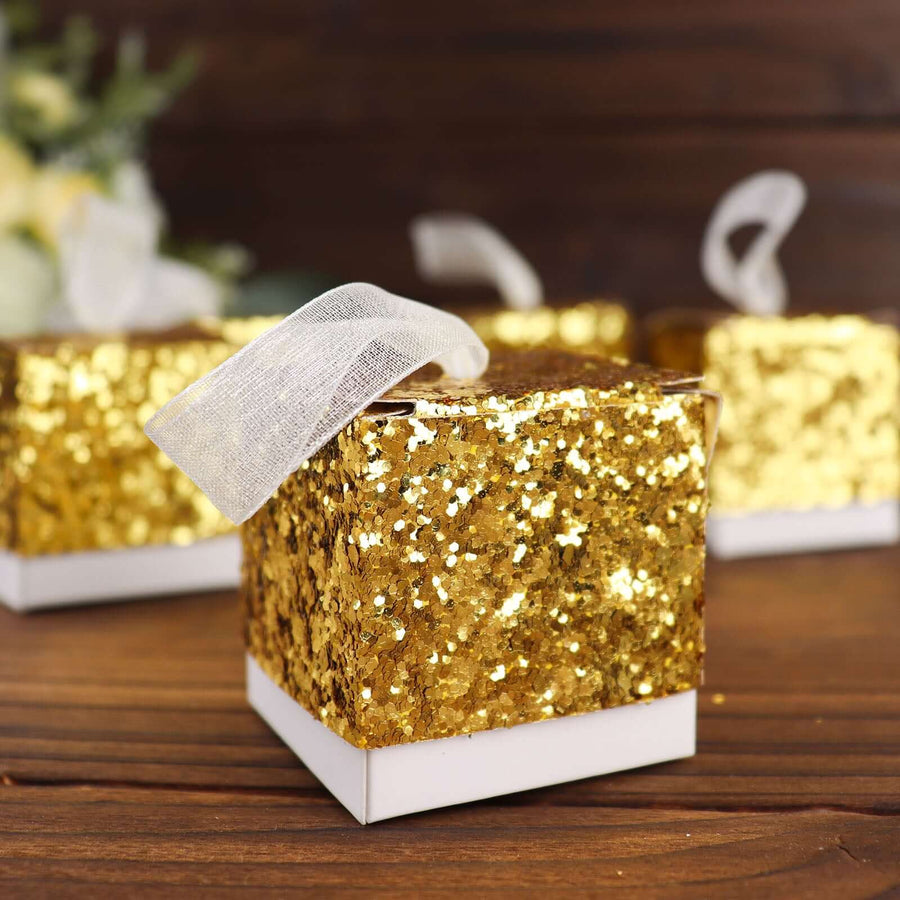 25 Pack | 2inch Gold Sequin Glitter Party Favor Boxes With White Ribbon Loop