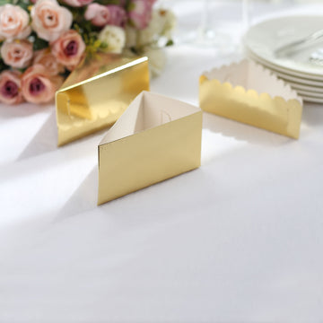 10 Pack 4"x2.5" Gold Single Slice Triangular Cake Boxes with Scalloped Top, Party Favor Gift Box