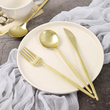 24 Pack | Gold Sleek Modern Plastic Silverware Set, Premium Disposable Knife, Spoon & Fork Set - 8"