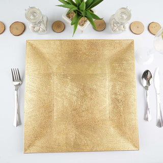 Add Elegance to Your Table with 12" Gold Square Embossed Wood Grain Acrylic Charger Plates