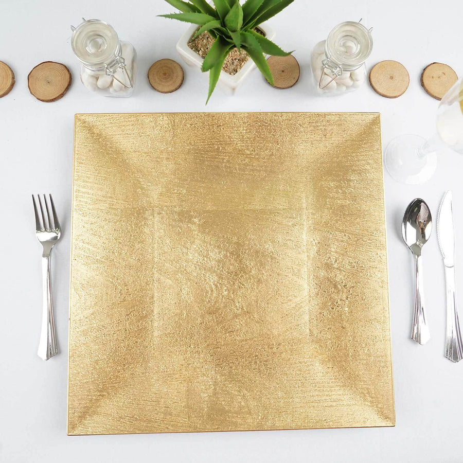 6 Pack | 12inch Gold Square Embossed Wood Grain Acrylic Charger Plates, Boho Chic Table Decor