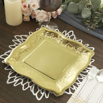 25 Pack | Gold 11" Square Vintage Dinner Serving Paper Plates, Shiny Metallic Disposable Pottery Embossed Party Plates With Scroll Design Edge - 350 GSM