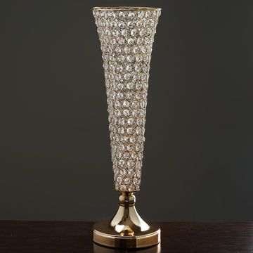 2 Pack | Gold 22” Tall Crystal Beaded Trumpet Vase Set, Table Centerpiece