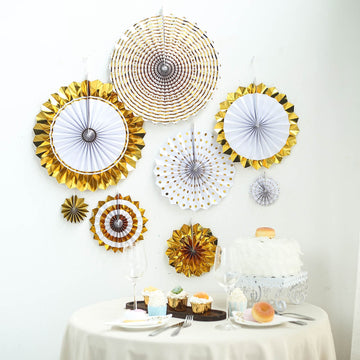 Set of 8 | Gold / White Hanging Paper Fan Decorations, Pinwheel Wall Backdrop Party Kit - 4", 8", 12", 16"