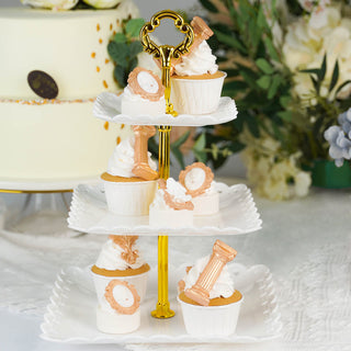 Elevate Your Dessert Display with the 13" 3-Tier White Gold Wavy Square Edge Cupcake Stand