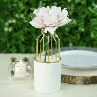 Elegant Gold Wrought Iron White Ceramic Vase for Stunning Event Decor