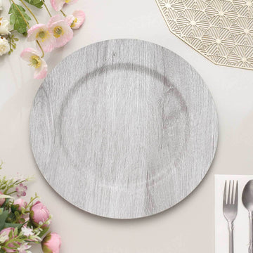 6-Pack Plastic Round Charger Plates 13" in Gray with Faux Wood Finish, Rustic Boho Chic Dinner Party Charger Tableware