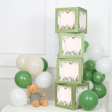 4 Pack | Green Foliage Leaves Boho Design DIY Prop Balloon Boxes, Gender Neutral Baby Shower Party Decorations