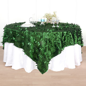 90"x90" Green Leaf Petal Taffeta Table Overlay, Square Tablecloth Topper